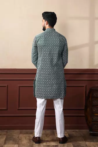 Green smart chikankari embroidery work men's festive kurta payjama
