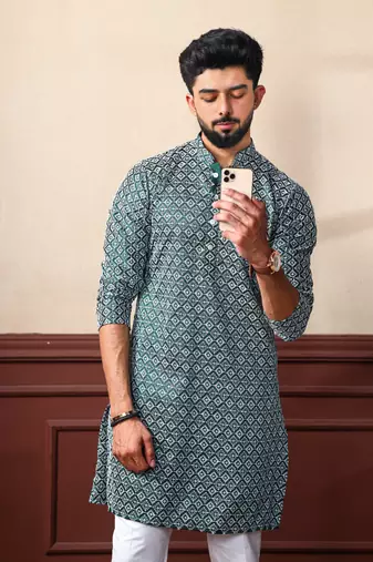 Green smart chikankari embroidery work men's festive kurta payjama