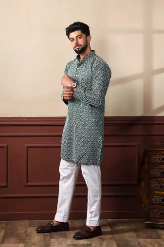 Green smart chikankari embroidery work men's festive kurta payjama