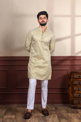 Beige smart chikankari embroidery work men's festive kurta payjama 1