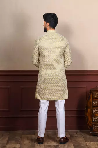Beige smart chikankari embroidery work men's festive kurta payjama