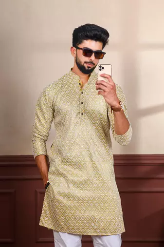 Beige smart chikankari embroidery work men's festive kurta payjama