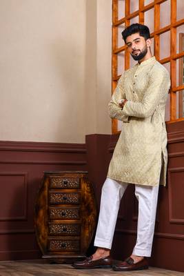Beige smart chikankari embroidery work men's festive kurta payjama 4