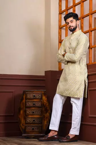 Beige smart chikankari embroidery work men's festive kurta payjama