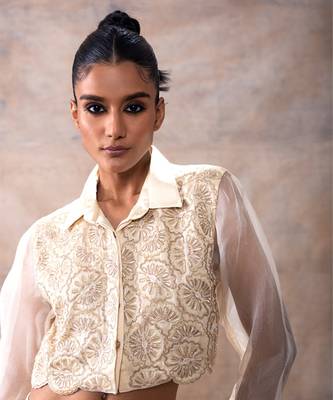 Embroidered crop shirt with flared pants set 3
