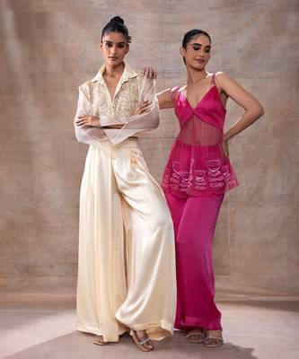 Embroidered crop shirt with flared pants set 4
