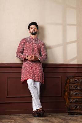 Maroon smart chikankari embroidery work men's festive kurta payjama 1
