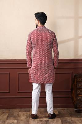 Maroon smart chikankari embroidery work men's festive kurta payjama 2
