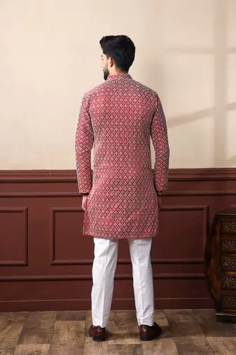Maroon smart chikankari embroidery work men's festive kurta payjama