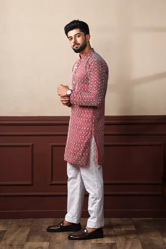 Maroon smart chikankari embroidery work men's festive kurta payjama