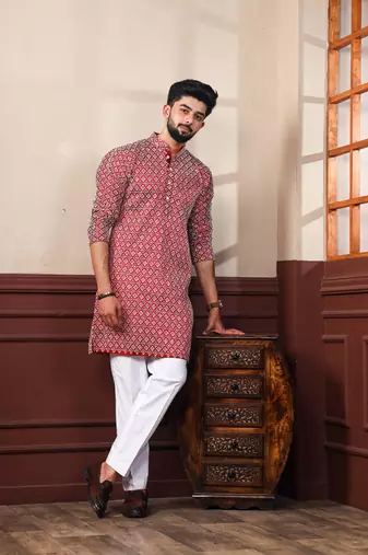 Maroon smart chikankari embroidery work men's festive kurta payjama
