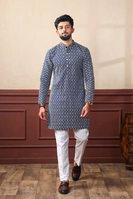 Nevy blue smart chikankari embroidery work men's festive kurta payjama 1