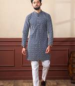 Nevy blue smart designer chikankari embroidery work men's festive kurta payjama