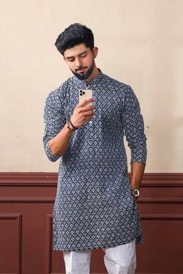 Nevy blue smart chikankari embroidery work men's festive kurta payjama 3