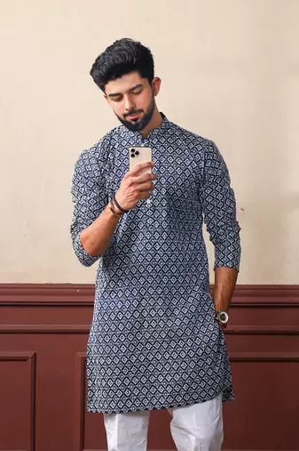 Nevy blue smart chikankari embroidery work men's festive kurta payjama