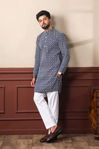 Nevy blue smart chikankari embroidery work men's festive kurta payjama
