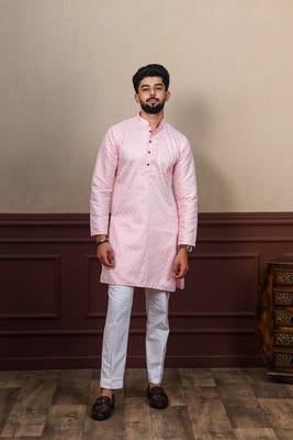 Pink smart chikankari embroidery work men's festive kurta payjama 1