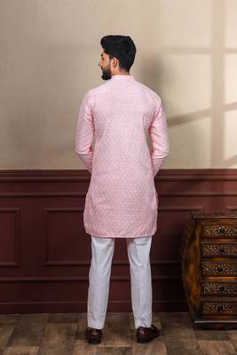 Pink smart chikankari embroidery work men's festive kurta payjama 2