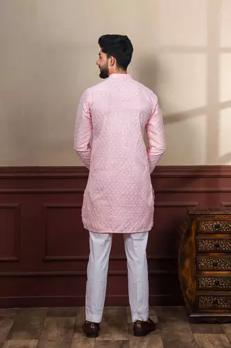 Pink smart chikankari embroidery work men's festive kurta payjama