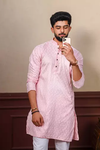 Pink smart chikankari embroidery work men's festive kurta payjama