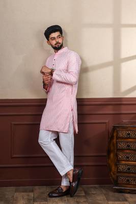 Pink smart chikankari embroidery work men's festive kurta payjama 4