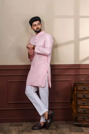 Pink smart chikankari embroidery work men's festive kurta payjama