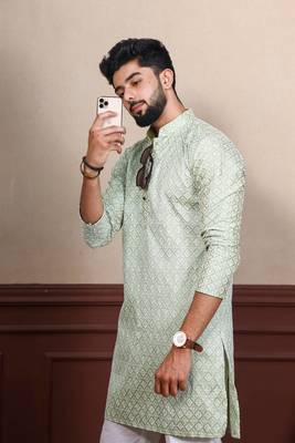 Pista smart chikankari embroidery work men's festive kurta payjama 3
