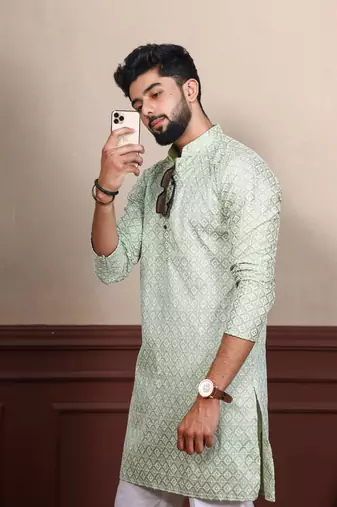 Pista smart chikankari embroidery work men's festive kurta payjama