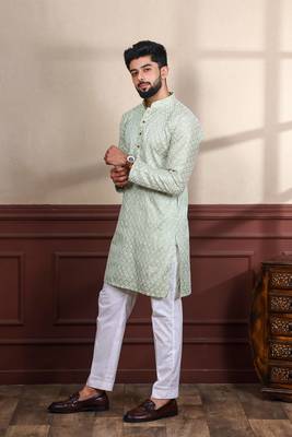 Pista smart chikankari embroidery work men's festive kurta payjama 4