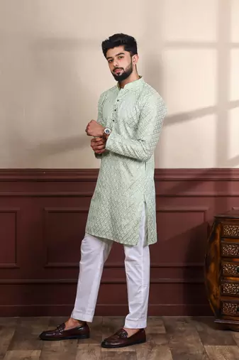 Pista smart chikankari embroidery work men's festive kurta payjama