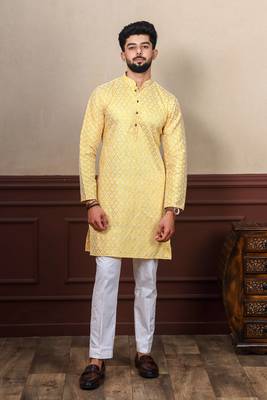 Yellow smart chikankari embroidery work men's festive kurta payjama 1
