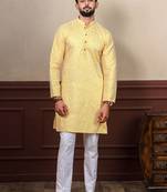 Yellow smart designer chikankari embroidery work men's festive kurta payjama