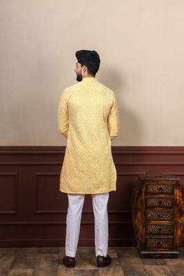 Yellow smart chikankari embroidery work men's festive kurta payjama 2
