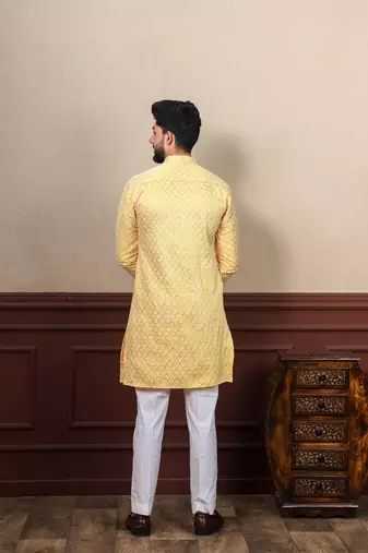 Yellow smart chikankari embroidery work men's festive kurta payjama