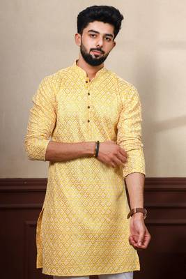 Yellow smart chikankari embroidery work men's festive kurta payjama 3