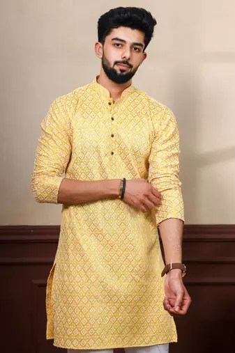 Yellow smart chikankari embroidery work men's festive kurta payjama