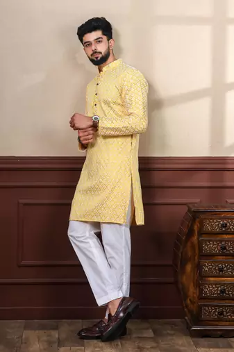 Yellow smart chikankari embroidery work men's festive kurta payjama