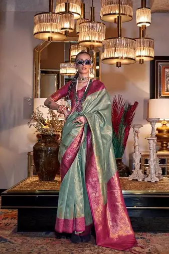 Green Tissue Silk Zari Weaving Saree With Blouse