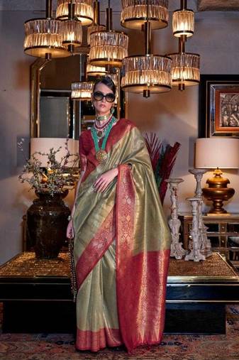 Mehendi Tissue Silk Zari Weaving Saree With Blouse For Women 