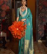 Teal Silk Zari Weaving Saree Rich Pallu With Blouse