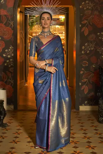 Vsaree Navy Blue Silk Zari Weaving Saree Rich Pallu With Blouse For Women