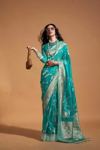 Teal Georgette Handloon Weaving Silk With Blouse