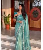Turquoise Tissue Silk Zari Base Coding Sequence Lace Border Saree