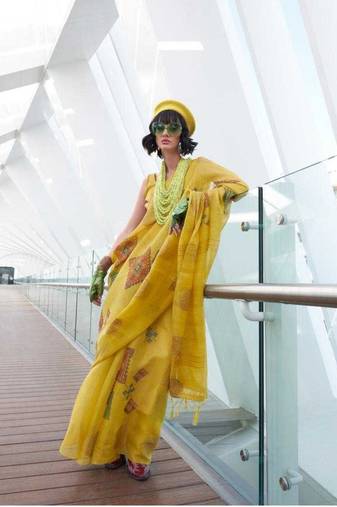 Yellow Tissue Silk Printed Saree With Blouse For Women 