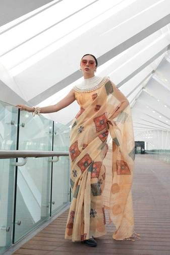 Cream Tissue Silk Printed Saree With Blouse