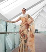 Cream Tissue Silk Printed Saree With Blouse