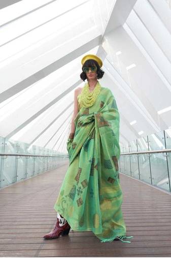 Green Tissue Silk Printed Saree With Blouse For Women 
