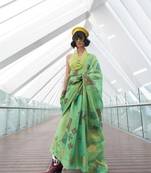 Green Tissue Silk Printed Saree With Blouse For Women 