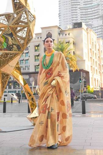 Cream Tissue Silk Printed Saree With Blouse
