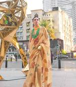 Cream Tissue Silk Printed Saree With Blouse